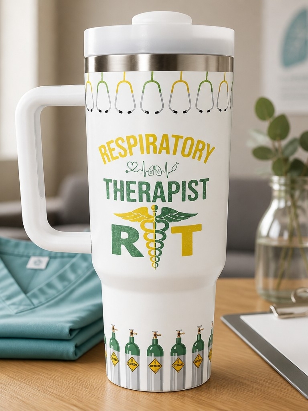 Respiratory Therapist RT White Travel Tumbler - Green & Yellow
